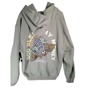 Cornerstore Bodega Mens XL Hoodie God Bless My Money Sage Green Glitter Graphic